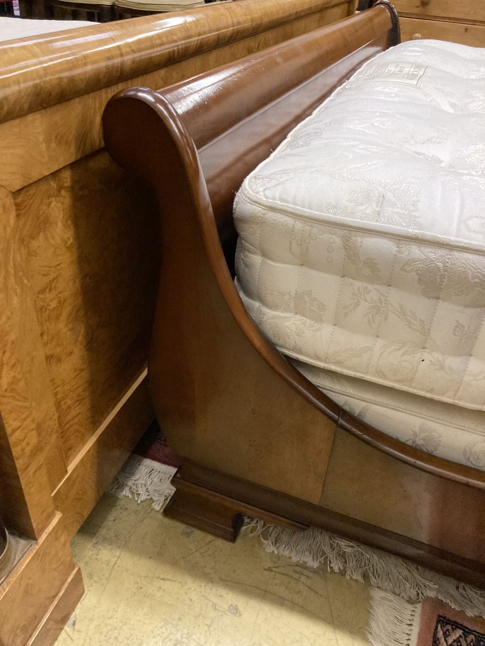 A reproduction French style mahogany sleigh bed, width 152cm together with an And So To Bed Oxbridge pocket sprung mattress